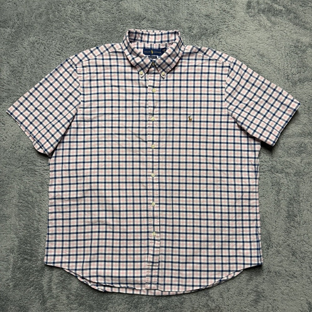 Ralph Lauren Shirt Mens 2XL Classic Fit Blue Pink Plaid Cotton Flesh Pony